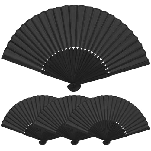 Handfächer Faltbare Fächer, Klein Handfächer aus Stoff für eine Abkühlung im Sommer, Chinesische Fächer Schwarz Taschenfächer Klappfächer für Hochzeite Bevorzugung Aufführung Tanz Dekoration (4PCS)