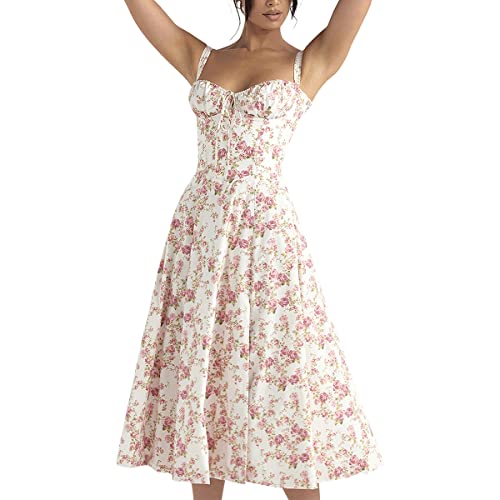 Odizli Korsett Kleid Damen Sommer Elegant Sexy Ärmellos Spaghettiträger Trägerkleid Blumenkleid Boho Style Midi Kleid mit Schlitz Lang Sommerkleid Strandkleid Festlich Casual Freizeitkleid Rosa S