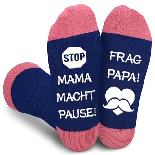 Gemtte Socken Geschenk Mama 38-41 Rutschfest Baumwolle, Socken mit Spruch MAMA MACHT PAUSE! FRAG PAPA! Geschenk Muttertag für Mutter Geschenk Geburtstag Frau Damen