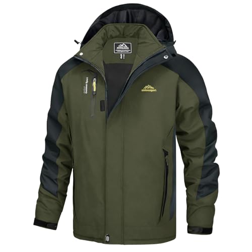 KEFITEVD Wanderjacke Herren Wasserdicht Winter Herrenjacke Kurz Parka Jacke Full Zip Regenjacke Outdoor Atmungsaktiv Softshelljacke Frühling Übergangsjacke Männer Dunkeloliv 2XL