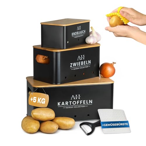 AH® Kartoffel Aufbewahrungsbox inkl. Gemüsebürste und Sparschäler [5er Set]- zwiebeltopf, kartoffelbox - Geeignet für gemüse aufbewahrung zwiebel aufbewahrung & kartoffel aufbewahrung