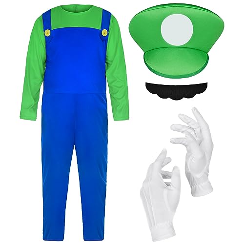 BSBUY Cosplay Kostüm Set, 4 Pcs Cosplay mit Mütze Hose Bart Handschuhe, Super-Brüder Kostüm Set Männer Damen, Erwachsene Outfit Kostüm für Weihnachten Karneval Faschingskostüme (Grün,L)