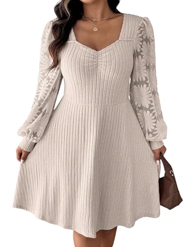 SweatyRocks Damen Curvy Strickkleid Elegant Pulloverkleid Übergröße Kleid mit Spitzen Minikleid Herzausschnitt A-Linie Herbstkleid Lanagrm Kleider Aprikosenfarben 3XL