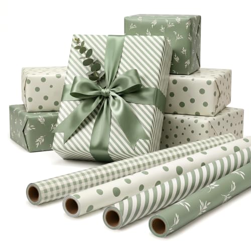 woric 4 Rollen Geschenkpapier Salbeigrün, 43cmx3m Geschenkpapier Hochzeit