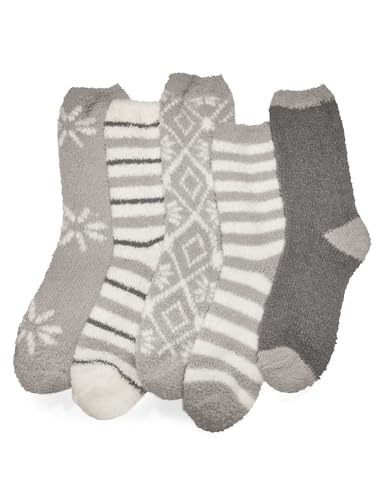 Basic Treasure 5 Paar Kuschelsocken Damen, Flauschige Socken, Dicke Kuschel Socken Winter, Warme Bettsocken Damen, Mädchen Schlafsocken, Grau Mix
