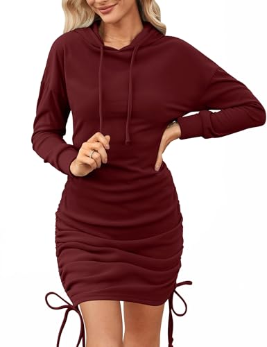 Aottori Hoodiekleid Damen Langarm Sweatshirtkleid Elegant Kapuzenkleid Herbst Pullover Kleid Casual Kapuzenpullover Lang Winterkleid Einfarbig Weinrot XXL