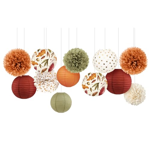 NICROLANDEE Herbstdekorationen, 12 Stück Orange Seidenpapier Pompons Ahornblatt Papierlaternen Deko für Thanksgiving Partydekorationen, Herbsthochzeit, Geburtstag, Herbst Babyparty Party Dekorationen