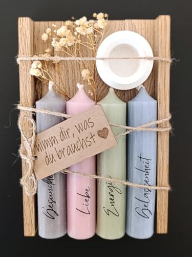 Kerzen Geschenkset Geburtstagsgeschenk für Frauen oder Freundin | nimm dir, was du brauchst | Mitbringsel | Kerzenhalter Holzkiste mit Kerzen Deko und Trockenblumen