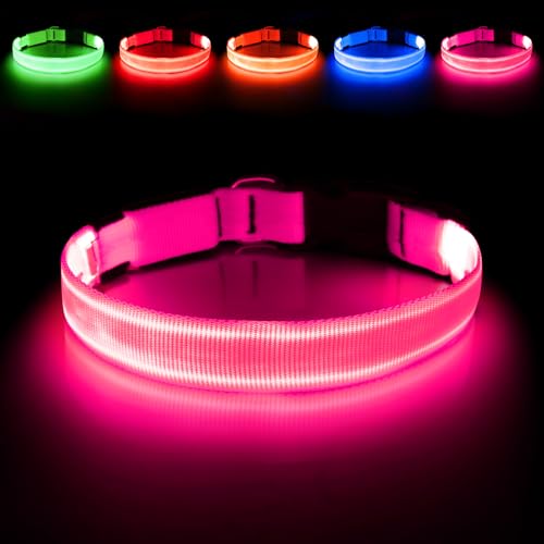 llumifun LED Hundehalsband, USB Leuchthalsband Hund, Wiederaufladbares Sicherheitslicht mit 3 Modi, verstellbar für Kleine Hundegrößen (Pink, S)