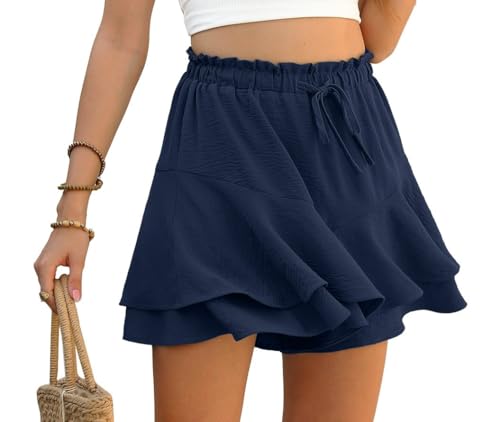 PrinStory Hosenrock Damen Kurz Rüschen Elastische Taille Shorts Sommer Weite Bein Kurze Hose Shorts Mit Mehrschichtigem Saum (Marineblau, M)
