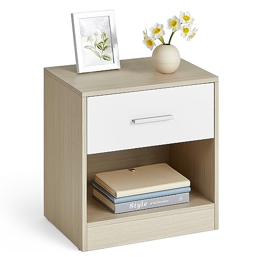 VASAGLE Nachttisch, Beistelltisch, mit Schublade, Griff, offenes Fach, Couchtisch, für Schlafzimmer, Wohnzimmer, naturbeige-wolkenweiß LET619T67