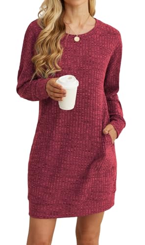 PrinStory Damen Pulloverkleid Langärmelig Winterkleider Beiläufige Komfortabel Gestrickte Pullover Oberteile Basic Pulloverkleid Mit Seitentaschen (Rot, S)