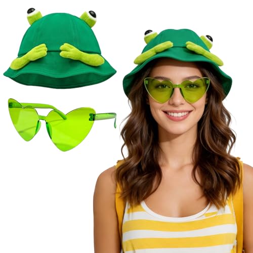 YOKJGHDO Frosch Kostüm Erwachsene – Grüner Frosch Hut & Brille Set, Fischerhut Damen & Herren, Froschkostüm Damen für Karneval, Festival, Alltag & Party