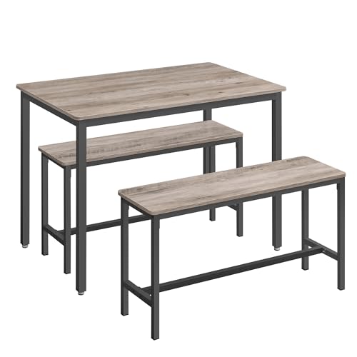 VASAGLE Esstisch mit 2 Bänken, 3er-Set, Küchentisch 70 x 110 x 75 cm, 2 Bänke je 30 x 97 x 50 cm, Stahlgestell, Greige meliert-tintenschwarz KDT070B02