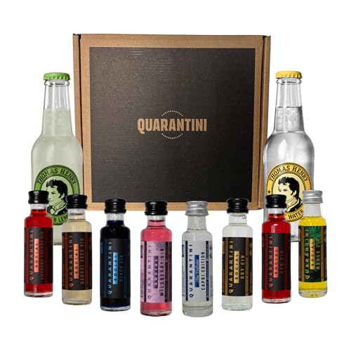 Quarantini Gin Tasting Set 8 x Mini Quarantinis & 2 x Thomas Henry Tonic Mischgetränke | Premium Gin 42% Vol. mit hochwertigen, fruchtigen Botanicals | Probierset inkl. Bitter Lemon, Tonic Water