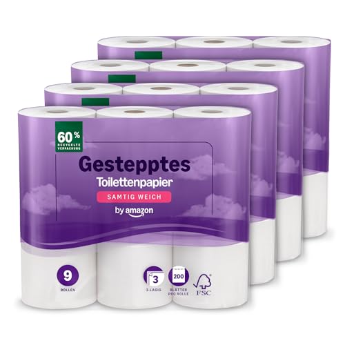 by Amazon Toilettenpapier, 3-lagig Gestepptes, Samtig Weich, 36 Rollen (9 Rollen, 4-er Pack), 200 Blätter pro Rolle, FSC-Zertifiziert