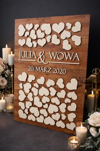 Manschin-Laserdesign Personalisiertes 3D Gästebuch mit 40-160 Herzen | aus echtem Holz | Gästebuch Alternative - (Hintergrundfarbe Nussbaum Hell)