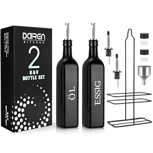 DaiRen Kitchen öL und Essig Spender Flasche 500ML Glas-Set, Olivenöl-Flaschenspender mit Caddy Halter und Edelstahl-Ausguss, Schwarz, 2-teiliges Set (Typ 2)