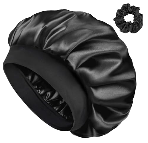 FOLAI 1 Stück Schlafmütze Satin Bonnet Nacht Schlaf Doppelte für Lockiges Haar, Atmungsaktive, Verstellbare Schlafhaube mit Gummiband zur Befestigung Auf Dem Kopf für Damen und Mädchen…