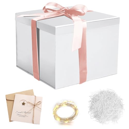 Geschenkbox mit Schleife,Geschenkbox mit Deckel,mit Grußkarten,Raffia Hamper Shreds,Led Lichterkette,für Weihnachten,Geburtstage,Jubiläen Geschenkverpackung Box,Faltbare,23x23x18cm