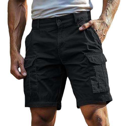 Bermuda Shorts Herren,Cargo Shorts Herren - Sommer Einfarbig Outdoor Cargohose Kurze Hosen mit Reißverschluss und Knopf Mehrere Taschen Arbeitshose Bermuda Wanderhose Sporthose (Schwarz,XL)