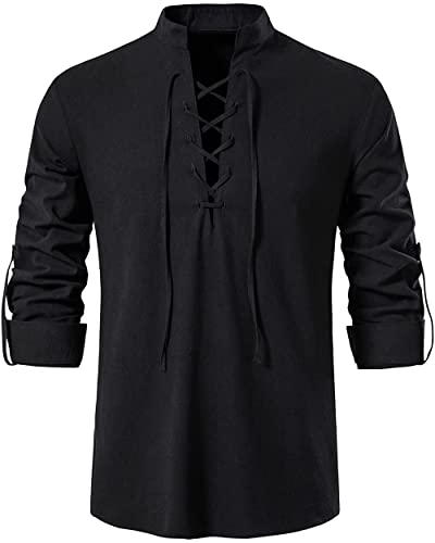 LUYANA Herren Stehkragen Sommer Strand Shirt Loose Regular Fit Freizeithemd Schwarz M