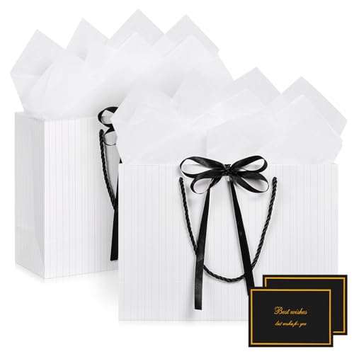 BBLIKE Geschenktüten mit Henkel Schleifenbändern - 2 Geschenktasche + 2 Grußkarten + 4 Sydney Paper,Gestreifte Geschenkverpackung für Hochzeit,Geschenk, Geburtstag,Feier