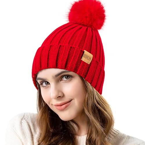 REDESS Damen Winter gestrickt Beanie Mütze Warm Fleece gefüttert mit Bommel Mütze Dick Slouchy Schnee Stricken Skull Ski Cap