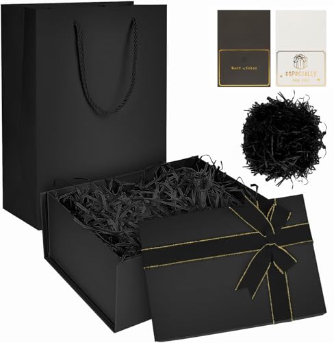 ZMDMAH Schwarz Geschenkbox mit Deckel, 22,5 x 16 x 8,5 cm Rechteckige Geschenkverpackung Geburtstag mit Schleife Geschenkschachtel, Geschenkbox Geburtstag für Hochzeit Geburtstags Weihnachten Jubiläum