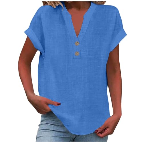 KOG Damen Tshirts Casual Baumwolle Leinen Tee Shirt Retro Kurzarm Shirts Tshirt Große Größen Leinen Bluse Frauen Rundhals Oversize T-Shirt Blau L