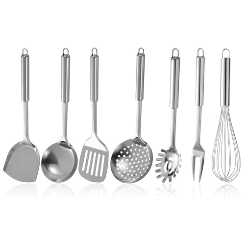Edelstahl Kochutensilien Set 7 teilig, Kochlöffel Set mit Pfannenwender Suppenkelle Schaumlöffel Spatel Schneebesen Nudelserver Fleischgabel mit Aufhängeloch für alle Küchenbedürfnisse