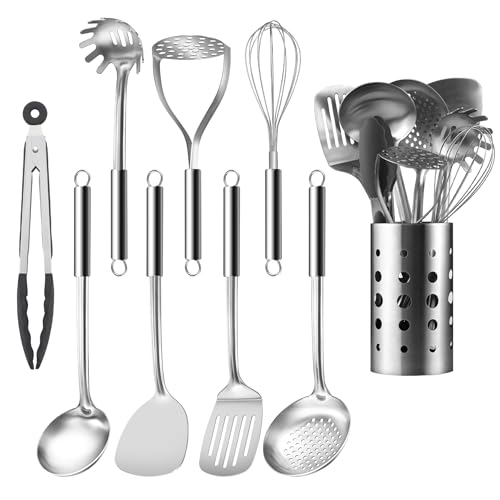 Pleafind Küchenhelfer Set, 9-teiliges Kochutensilien set, Edelstahl Kochlöffel Set mit Suppenkelle, Schaumlöffel, Pfannenwender, Solider Wokpfannenwender, Pasta Server, Kartoffelstampfer, Schneebesen