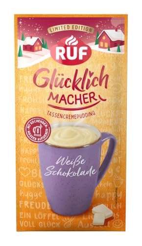 RUF Glücklichmacher Tassencremepudding Weiße Schokolade, 59 g | Zart-süßer Dessertmoment für kalte Tage mit Vanillenote– schnell zubereitet mit kochend heißem Wasser.