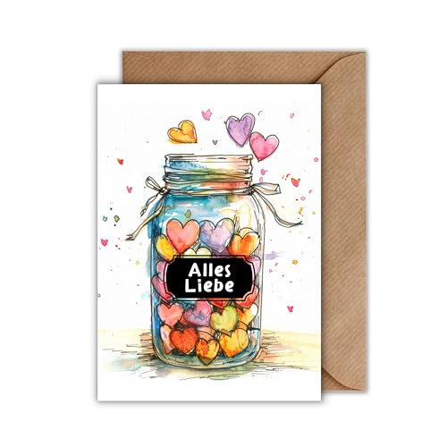 WBdesignz Geburtstagskarte mit Umschlag - Schöne Glückwunschkarte “Alles Liebe!” Geschenkkarte zum Geburtstag Herzliche Happy Birthday Karte Glas mit Herzen (DIN A6)