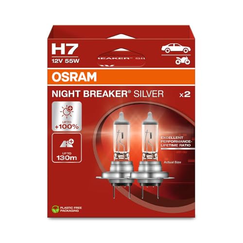 Osram NIGHT BREAKER SILVER H7, +100% mehr Helligkeit, Halogen-Scheinwerferlampe, 64210NBS-2HB, 12V Pkw, Hängebox (2 Lampen)