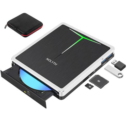 NOLYTH Externes Blu ray Laufwerk USB C, Bluray Brenner Extern USB 3.0 mit SD/TF Slot/USB Ports/Tasche, Tragbar Externe Blu-ray CD DVD Laufwerke für Laptop PC Mac Windows 11 MacBook Linux, Ultra HD 3D