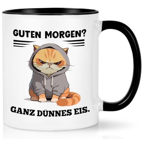Joymaking Lustige Tasse Katze mit Spruch - Guten Morgen? Ganz dünnes Eis - Katzentasse Witz Geschenkidee für Verschlafen Morgenmuffel, 320ML Schwarz