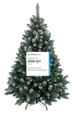 RS Trade HXT 15013 Schneebaum 120 cm künstlicher Weihnachtsbaum mit Schnee und Zapfen (Ø ca. 78 cm) ca. 500 Spitzen, schwer entflammbar, Schnellaufbau Klappsystem, inkl. Christbaum Ständer