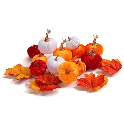 Hollyone 12 Stück Kürbis Deko Set Herbst Künstliche Samt Kürbisse Mini mit 24 Pcs Ahornblätter Herbstdekoration für Thanksgiving Halloween Erntedankfest Home Dekoration