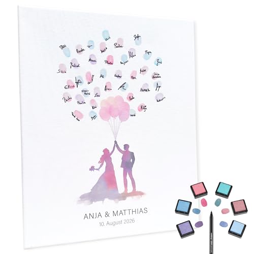 KATINGA Personalisierte Leinwand zur Hochzeit - Bild für Fingerabdrücke mit Brautpaar in Aquarell - Gästebuch als Geschenkidee (40x50cm personalisierbar)