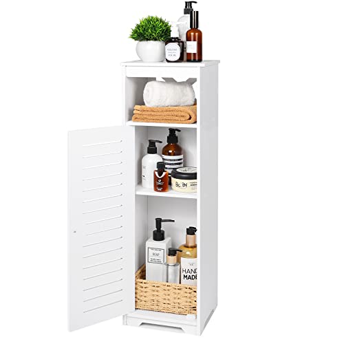 Badezimmerschrank schmal, freistehender Aufbewahrungsschrank mit 1 Regalboden und Tür, Organizer für Flur, Eingangsbereich, Wohnzimmer und Küche, Weiß
