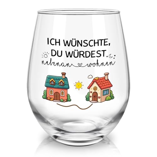 Joymaking Weinglas Geschenk Freundin, Freundschaft Glas – Ich wünschte, du würdest nebenan wohnen – Geschenkidee für BFF, Beste Freundin Geschenke, Abschiedsgeschenk 520ml