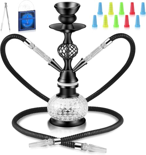 Shisha Wasserpfeife Set, 12 Zoll, Schwarz, mit 2 Schläuchen, Kristallglas-Vase, 50 Folien, 20 Mundstücken und Zange