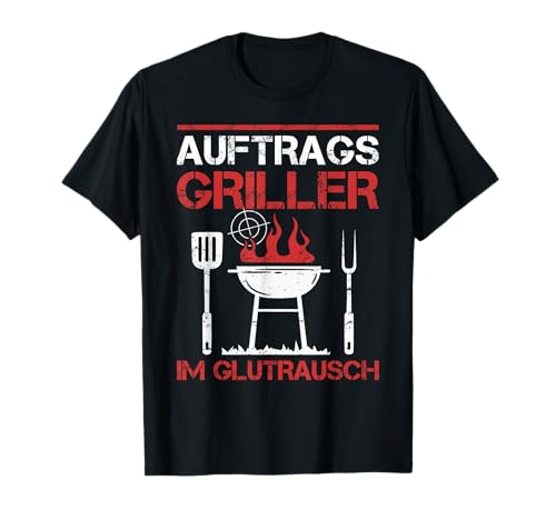 Griller & Grillabend Geschenke für Grillfans - Auftragsgriller im Glutrausch Grillparty lustiges Grill T-Shirt Schwarz S U-Ausschnitt Kurzarm Klassische Passform Cotton 50%, Polyester 50%