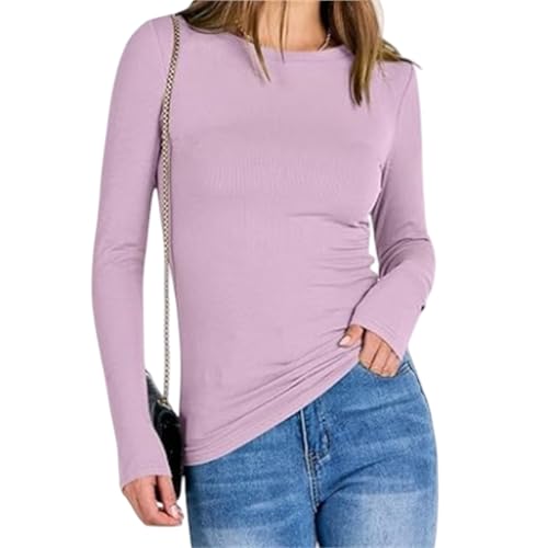 OYIGELZ Langarmshirt Damen Blusen Herbstmode gerippte Basic Tops Winterkleidung Streetwear(Lila,L)