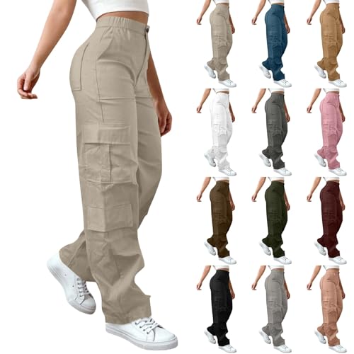 Cargohose Damen High Waist Baggy Stoffhose Sommer Atmungsaktives Leichte Jogginghose Einfarbig Stretch Lockere Elastische Taille Sporthose Outdoor Sport Workout Sweatpants Mit Multi-Taschen,S-4XL