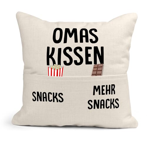 22Feels Oma Geschenk Kissen mit Tasche zum Befüllen Frauen Geschenk Grosseltern Lustig Sofa Deko Couch Bett Innen Dekoration (Beige, 40x40cm)