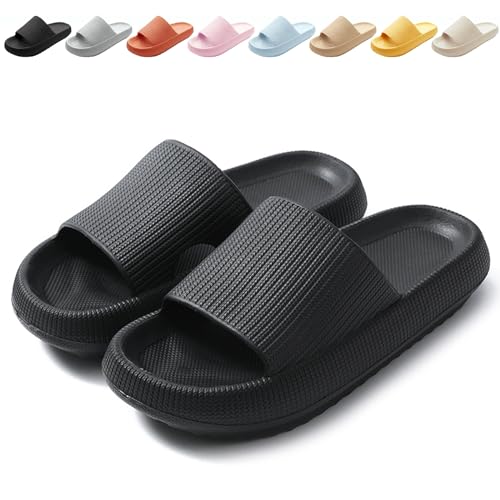 Calish Badeschuhe Herren Damen Cozislides Original Slippers Cloudyzz Schlappen Wolke Rutschfeste Badelatschen Hausschuhe Sommer Pantoletten Badeschlappen Flip Flops Indoor/Outdoor, Schwarz, 44-45 EU
