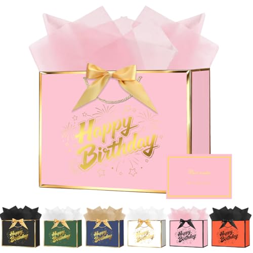 OFFCUP Geschenktüte Geburtstag, 28×20×10cm Geschenktaschen mit Happy Birthday Aufdruck, Luxuriöse Geschenktüte zum Geburtstag mit Seidenpapier Grußkarte und Griffen für Frauen Mädchen