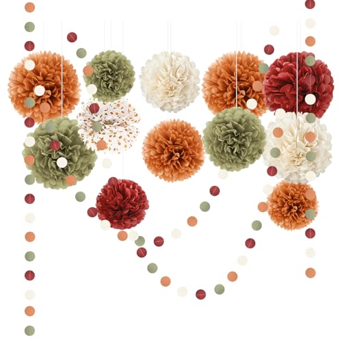 NICROLANDEE Seidenpapier Pompons Deko 15 Stück, Orange Salbei Grün Tissue Papier Pom Poms und Dots Papier Girlande, Herbst Ernte Party Dekorationen für Hochzeit, Geburtstag, Gartenparty Deko